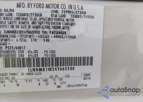 2004 Lincoln Town Car Signature z USA, uszkodzony, nr VIN 1LNHM81W24Y665588